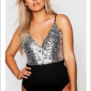 Boohoo plus wrap sequin & mesh bodysuit